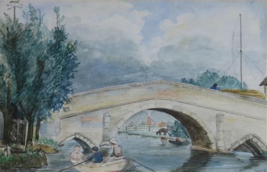 Norwich School c.1890 Children and their nanny rowing beneath a bridge, Norfolk 14 x 22cm